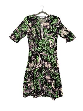 Rodebjer Floral V-Neck Mini Dress in Black with Green & Pink Print